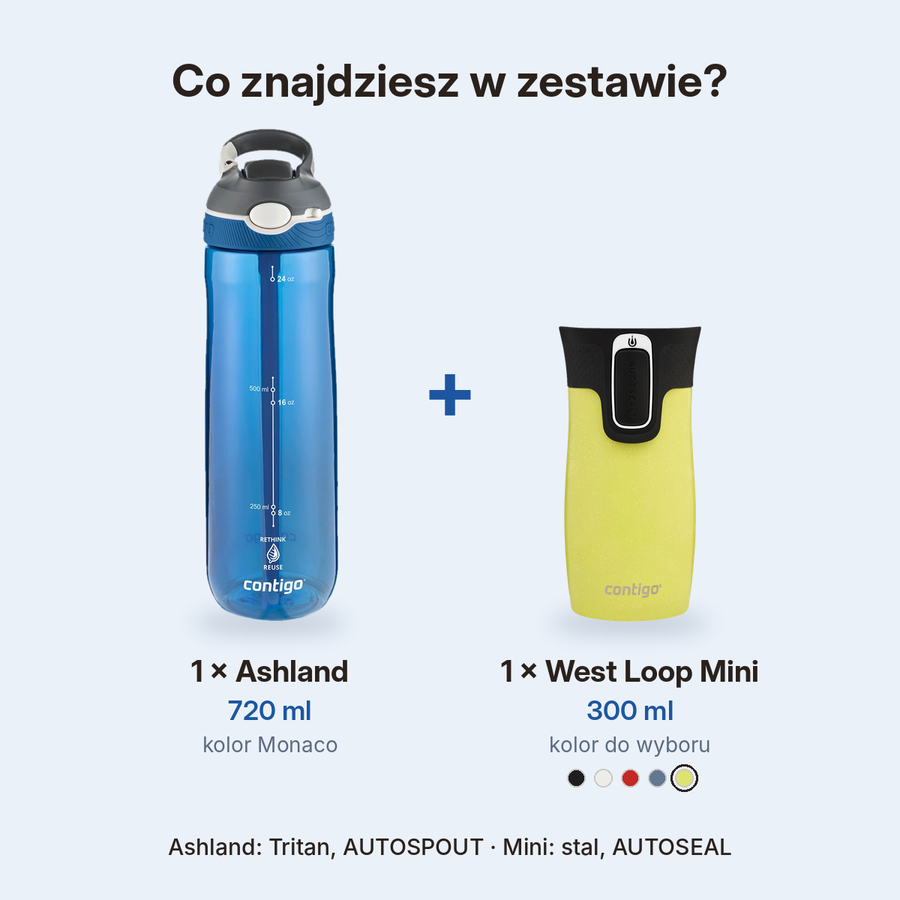 Zestaw - Contigo butelka Ashland • 720 ml + kubek termiczny West Loop Mini • 300 ml • żółty metalik