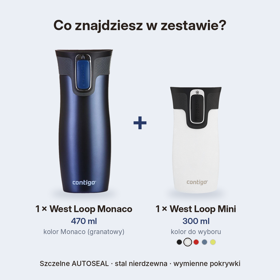 Zestaw kubków termicznych - Contigo West Loop • Monaco • 470 ml + West Loop Mini • 300 ml • biały metalik