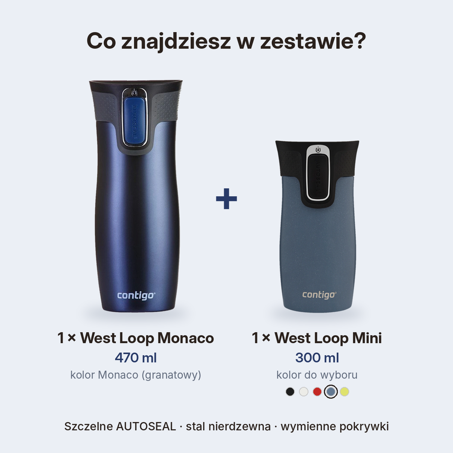 Zestaw kubków termicznych - Contigo West Loop • Monaco • 470 ml + West Loop Mini • 300 ml • niebieski metalik
